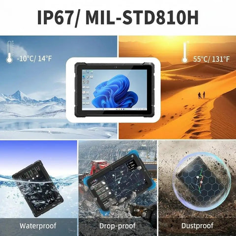 Rock Solid Rugged Tablet Running Windows 11 With IP67 Waterproof Body Packing A Bright 10 Inch Screen, Rocksteady 4G Lte Coverage, Plenty Of Storage, Long Battery Life And Hardened Ports Ready For Any Jobsite Adventure with waterproof, drop-proof, and dustproof features.