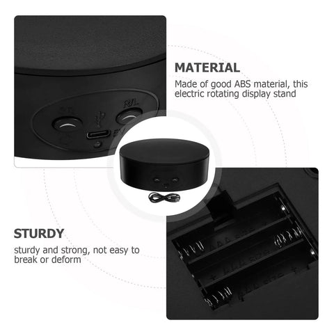 Top view of Sturdy 360 Degree Electric Silent Rotating Display Stand For Jewelry Watches And Glass Cups with buttons and battery compartment.