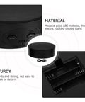 Close-up of the black plastic base of the Silent Electric Rotating Turntable Display Stand 13cm, showcasing controls and battery compartment.