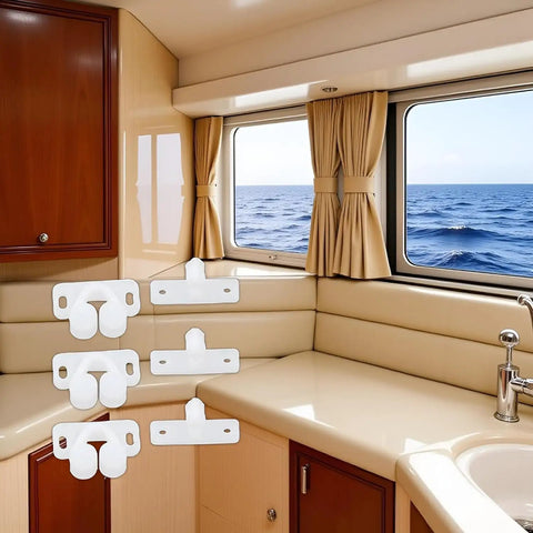 Super Secure 4 Pack White Marine Boat Ball Catch Roller Latch Spring Back Plates For Cabinet Doors And Cupboards, shown in a boat kitchen.