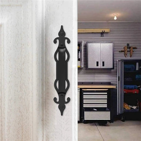Heavy Duty Steel Decorative Garage Door Hardware Kit With Slick Damping Handles And Frameless Cabinet Compatible Hinges on a white door.