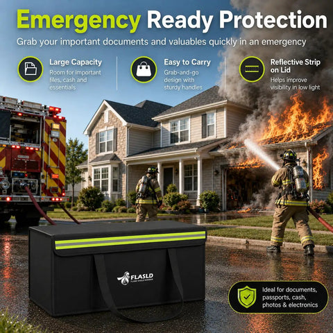 Firefighters in front of house with Stash Ready Large Fireproof Document Bag 24 By 12 By 12 Inches Waterproof Safe For Cash