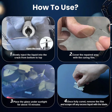 Windshield Chip Repair Kit For Cars, DIY Glass Crack Repair Liquid Set, 2026 Upgrade instructions shown in four steps.