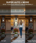Three Motion Sensor Outdoor Lights With Dusk To Dawn Function demonstrating brightness modes on a porch at night.