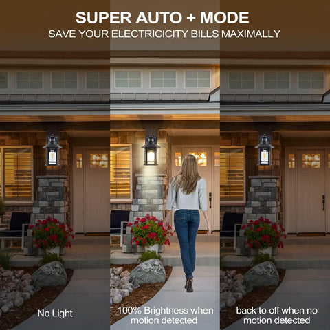 Three Motion Sensor Outdoor Lights With Dusk To Dawn Function demonstrating brightness modes on a porch at night.