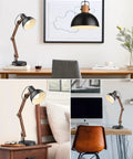 LED Desk Lamp With Wireless Charger And USB C Port Adjustable Swing Arm Sapele Wood Table Lamp on desks and bedside table.