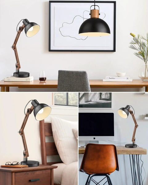 LED Desk Lamp With Wireless Charger And USB C Port Adjustable Swing Arm Sapele Wood Table Lamp on desks and bedside table.