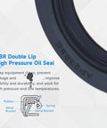 NBR double‑lip high‑pressure oil seal, dark ring with cross‑section diagram visible.