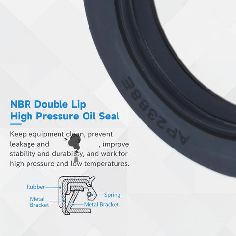 NBR double‑lip high‑pressure oil seal, dark ring with cross‑section diagram visible.