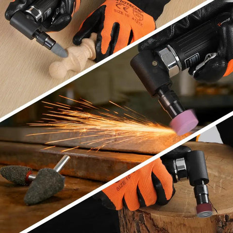 Lightweight One Quarter Inch Air Powered Right Angle Die Grinder Delivers Badass Pneumatic Muscle At Twenty Thousand Rpm in use on wood and metal.