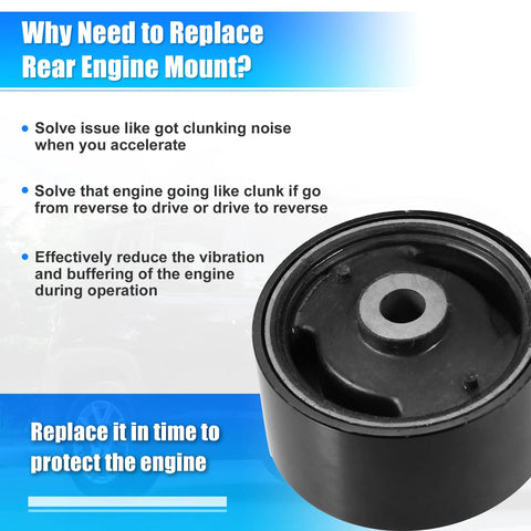 Torque Strut Front Engine Mount Replacement For Toyota Camry 2.2L 1997 2001 And Solara 2.2L 1999 2001 Fix That Clunk When You Punch The Gas Or Shift Gears 12363 74130, front view showing cylindrical design and rubber material with text details on noise reduction and protection benefits.