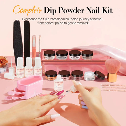 Complete Dip Powder Nail Kit with nail tools, powders, and brush for DIY salon-quality in summer greens, pinks, oranges.