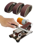 Heavy Duty Slick Mini Belt Sander With Seven Adjustable Speeds For No Sweat Electric Knife Sharpening Woodworking Metalworking Jewelry Diy Workshop And Fine Polishing, showing belts and a hand sharpening a knife.