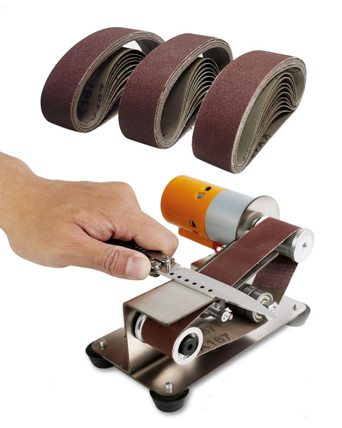 Heavy Duty Slick Mini Belt Sander With Seven Adjustable Speeds For No Sweat Electric Knife Sharpening Woodworking Metalworking Jewelry Diy Workshop And Fine Polishing, showing belts and a hand sharpening a knife.