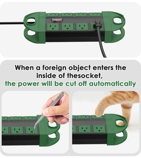 Weatherproof Outdoor Power Strip With Eight Outlets IPX6 Waterproof Extension Cord with safety features, green.