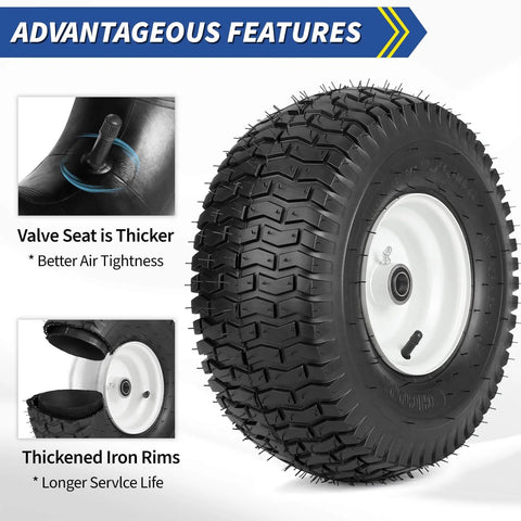 Two Pack 15x6.00-6 Rubber Lawn Mower Tire And Wheel Set With Three Quarter Inch Bearing Bore And Three Inch Centered Hub