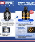 Two Pack Half Inch Female To Three Eighths Inch Male Impact Socket Adapters Do It All With Paint Filled Markings Made From CR-MO Steel