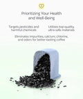 Front view of charcoal water filter cartridge with blue-gray housing spilling black granules.