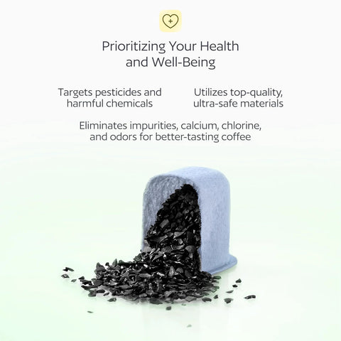 Front view of charcoal water filter cartridge with blue-gray housing spilling black granules.