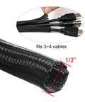 No Sweat 10 Foot 1/2 Inch Black Cable Sleeve Split Wire Loom Tubing shown fitting 3-4 cables, ideal for cord management.