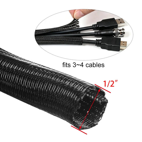 No Sweat 10 Foot 1/2 Inch Black Cable Sleeve Split Wire Loom Tubing shown fitting 3-4 cables, ideal for cord management.