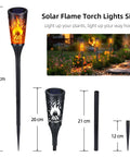 Super Cool Solar Torch Lights Outdoor Six Pack With Realistic Dancing Flickering Flames Super Waterproof Design Perfect For Garden Lawn Pathway Patio Yard Landscape Decor showing dimensions and lighting effect