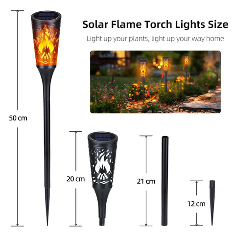 Super Cool Solar Torch Lights Outdoor Six Pack With Realistic Dancing Flickering Flames Super Waterproof Design Perfect For Garden Lawn Pathway Patio Yard Landscape Decor showing dimensions and lighting effect