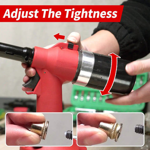 Adjusting tension on Industrial Hydraulic Pneumatic Riveter Kit For Rivnuts And Riveting Pro Grade Auto Air Gun with various inserts