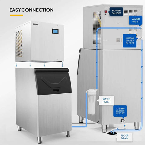 Industrial 550 Lbs Per Day Commercial Ice Maker With 300 Lbs Storage Bin, LCD Touch Control Panel, Automatic Cleaning