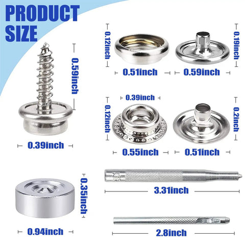 All In One Marine Grade Canvas Snap Kit For Boat Repair With 353 Pieces, Stainless Steel Caps Sockets Posts Studs And Screws