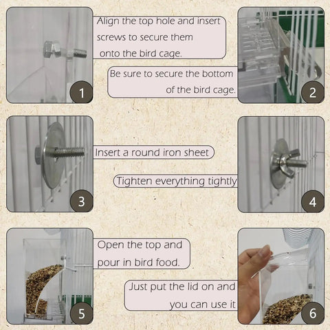 Installation steps for Straight Up No Drama Automatic Bird Cage Feeders And Waterers with detailed assembly instructions.