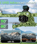 4K GPS Drone With Camera For Adults Obstacle Avoidance 5G FPV Transmission Brushless Motor Includes 3 Batteries And Screen Remote Controller In Army Green showing camera close-up with 90-degree adjustability and image comparison.