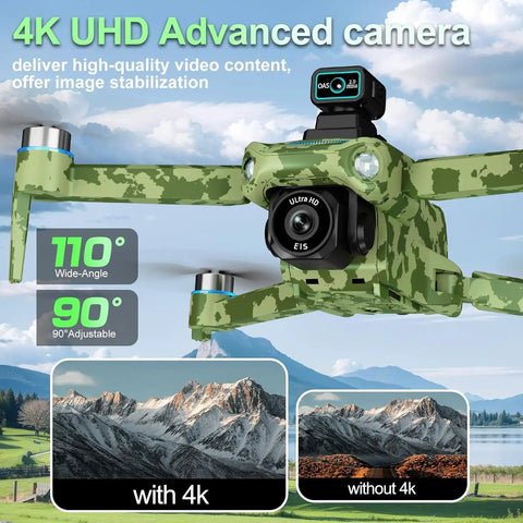 4K GPS Drone With Camera For Adults Obstacle Avoidance 5G FPV Transmission Brushless Motor Includes 3 Batteries And Screen Remote Controller In Army Green showing camera close-up with 90-degree adjustability and image comparison.