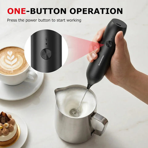 Rechargeable Handheld Milk Frother With USB C Charging, Cordless Electric Foam Maker And Stainless Steel Whisk in use