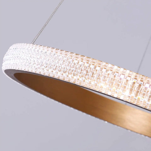 Sleek Dope Modern Gold Circular LED Pendant Light Fixture With Adjustable Chain, 16 Inch Diameter, detailed close-up view