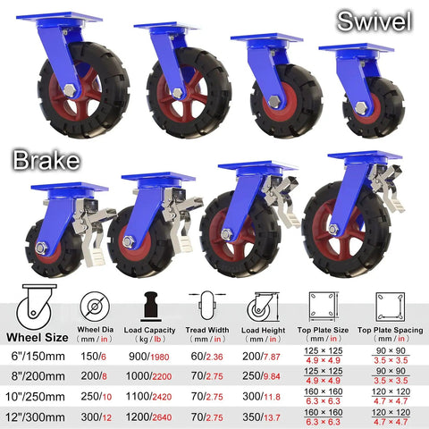 Set Of Four Heavy Duty Swivel Casters Featuring Quiet Rollin Rubber Tires And Rock Solid Plate Lock Brakes with detailed wheel specifications.
