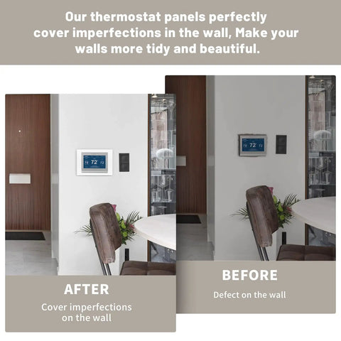 Before and after view of wall with Thermostat Backplate And White Wall Mount Cover Plate For THP2400A1027W Compatible With Honeywell models.