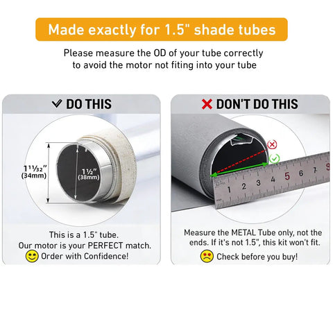 Diagram showing correct and incorrect measurements for 1.5 inch roller shades in Solar Powered Battery Motor Kit For DIY Motorized Blinds And Shades
