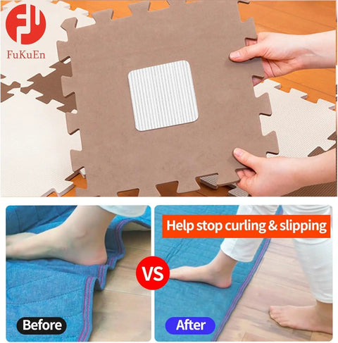 Non Slip Rug Pad Grippers For Hardwood And Tile, hands using double sided tape under area rug