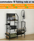 3 Tier Fishing Pole Rack With Lockable Wheels Holds Up To 18 Rods And Keeps Gear Handy With Pegboard Hooks For Lures Pliers And Tackle Heavy Duty Garage Organizer Stand For Quick Access