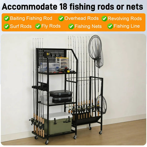3 Tier Fishing Pole Rack With Lockable Wheels Holds Up To 18 Rods And Keeps Gear Handy With Pegboard Hooks For Lures Pliers And Tackle Heavy Duty Garage Organizer Stand For Quick Access