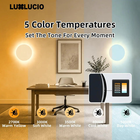 LUXLUCIO Hardwired 9" Round Backlit White Modern Indoor LED Wall Sconce with adjustable color temperatures in a modern office setting.