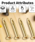 Hella Durable Copper Plated Tiny Hardware Nails 300 Pack Quarter Inch Gold Carbon Steel Fine Finish Hand Driven Craft Nails For Woodworking and Super Quick DIY Repairs, shown in close-up detail.