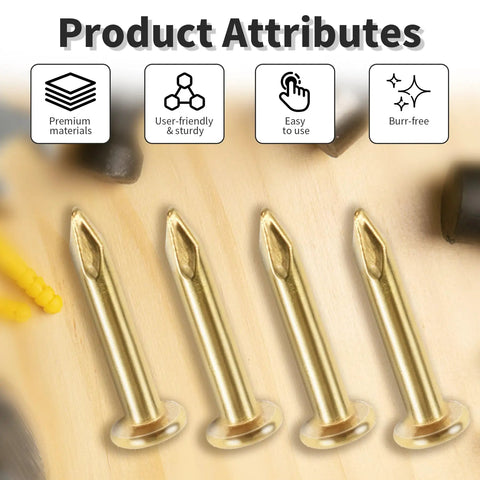 Hella Durable Copper Plated Tiny Hardware Nails 300 Pack Quarter Inch Gold Carbon Steel Fine Finish Hand Driven Craft Nails For Woodworking and Super Quick DIY Repairs, shown in close-up detail.