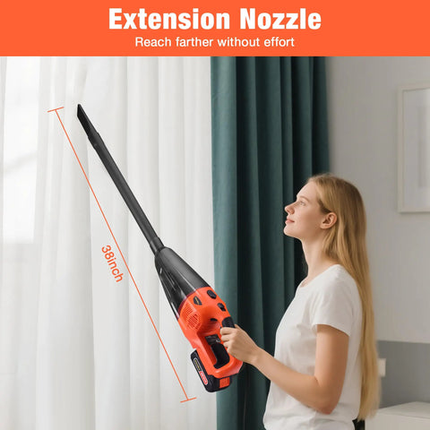 Woman using Grab And Go Cordless Handheld Vacuum With 20V Rechargeable Battery and wet dry suction to clean curtains.