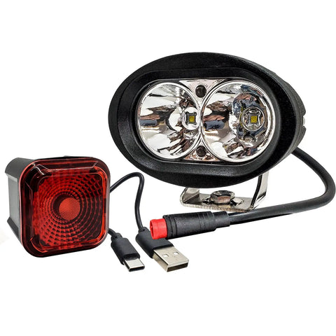 High Output White LED E Bike Headlight With USB Rechargeable Power And 4 Mode Smart Sensor Brake Light 12V To 60V Compatible Ultra Bright For Rad Power Bikes RadMini RadRover RadExpand RadRunner And Vamoose Mammoth