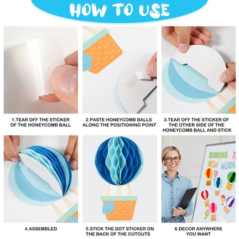 Instructions for assembling 3D Hot Air Balloon Honeycomb Bulletin Board Set For Classroom Decor With Colorful Balloon Cutouts And Cloud Shapes