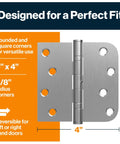 Beefy Stainless Steel Ball Bearing Door Hinges Set, 4" x 4" rust resistant 304 stainless, rounded and squared corners, reversible use.