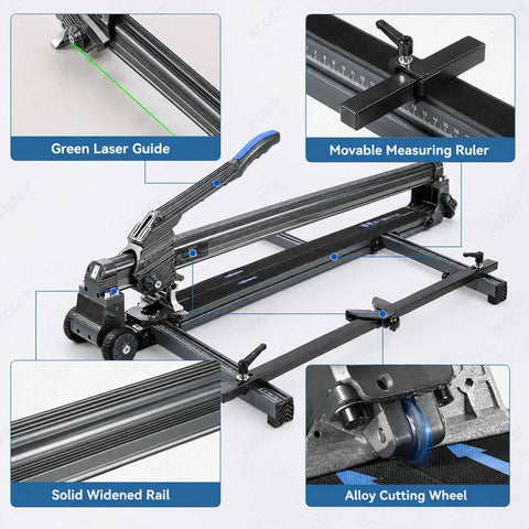Heavy Duty Manual Tile Cutter With Bright Green Laser Guide And Beefed Up Steel Rails For Straight Cuts Up To 1800 Mm showing green laser and movable measuring ruler.