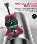 Pink Y-shaped magnetic pipe center finder installed on a pipe with adjustable dial protractor.
